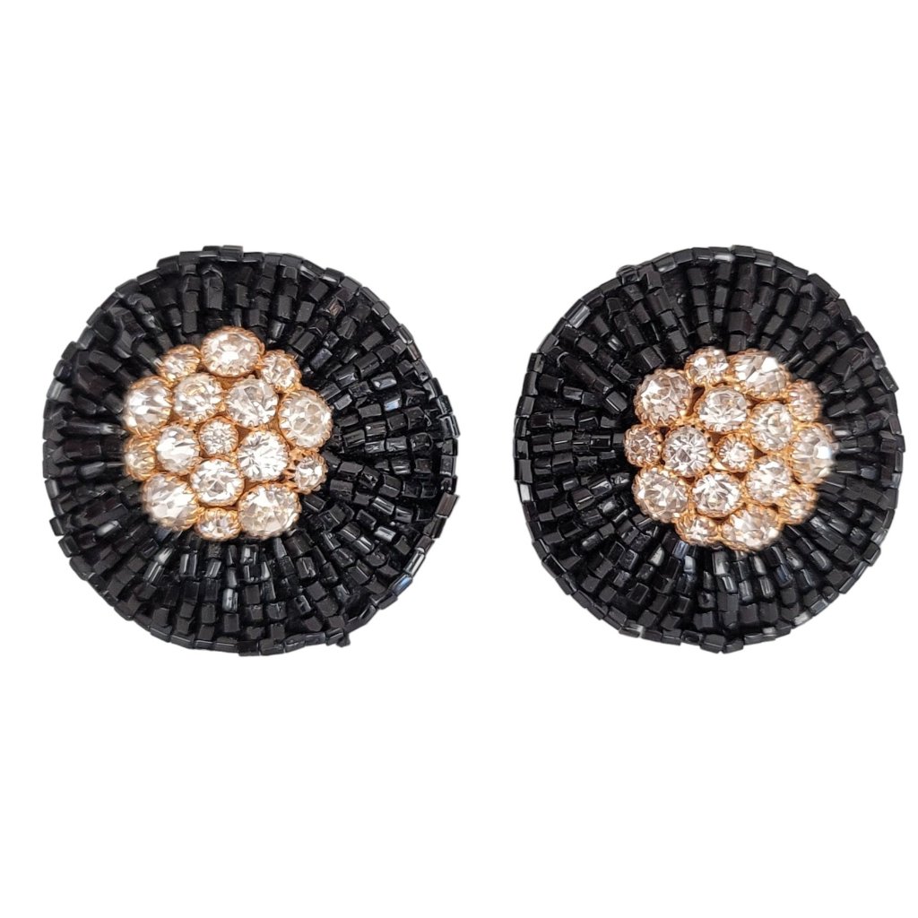 Black Glass Seed Bead Clear Prong Set Rhinestone Clip On Earrings K649
